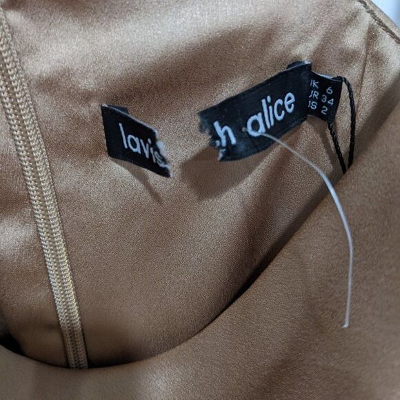 New Lavish Alice | Satin Cowl Neck Gathered Minidress in Bronze - Picture 6 of 14